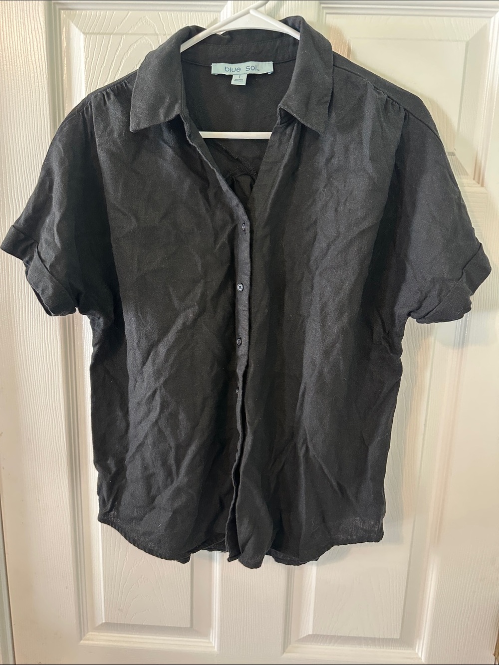 Blue Sol Short-Sleeve Button-Down Linen Blouse (L)